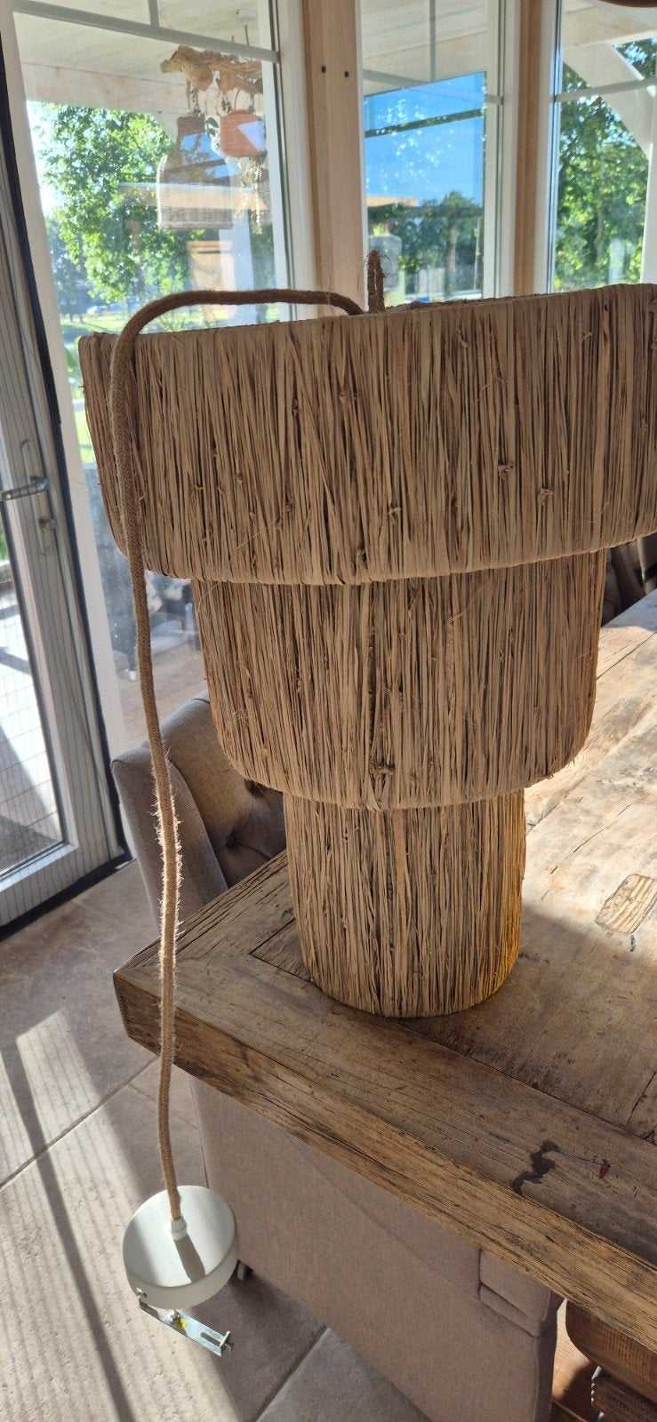 Boho Raffia Hanglamp - Natuurlijke Stijl, Huis en Inrichting, Natuurlijk materiaal, Zo goed als nieuw, E27 (groot), Bohemian, Natuurlijk