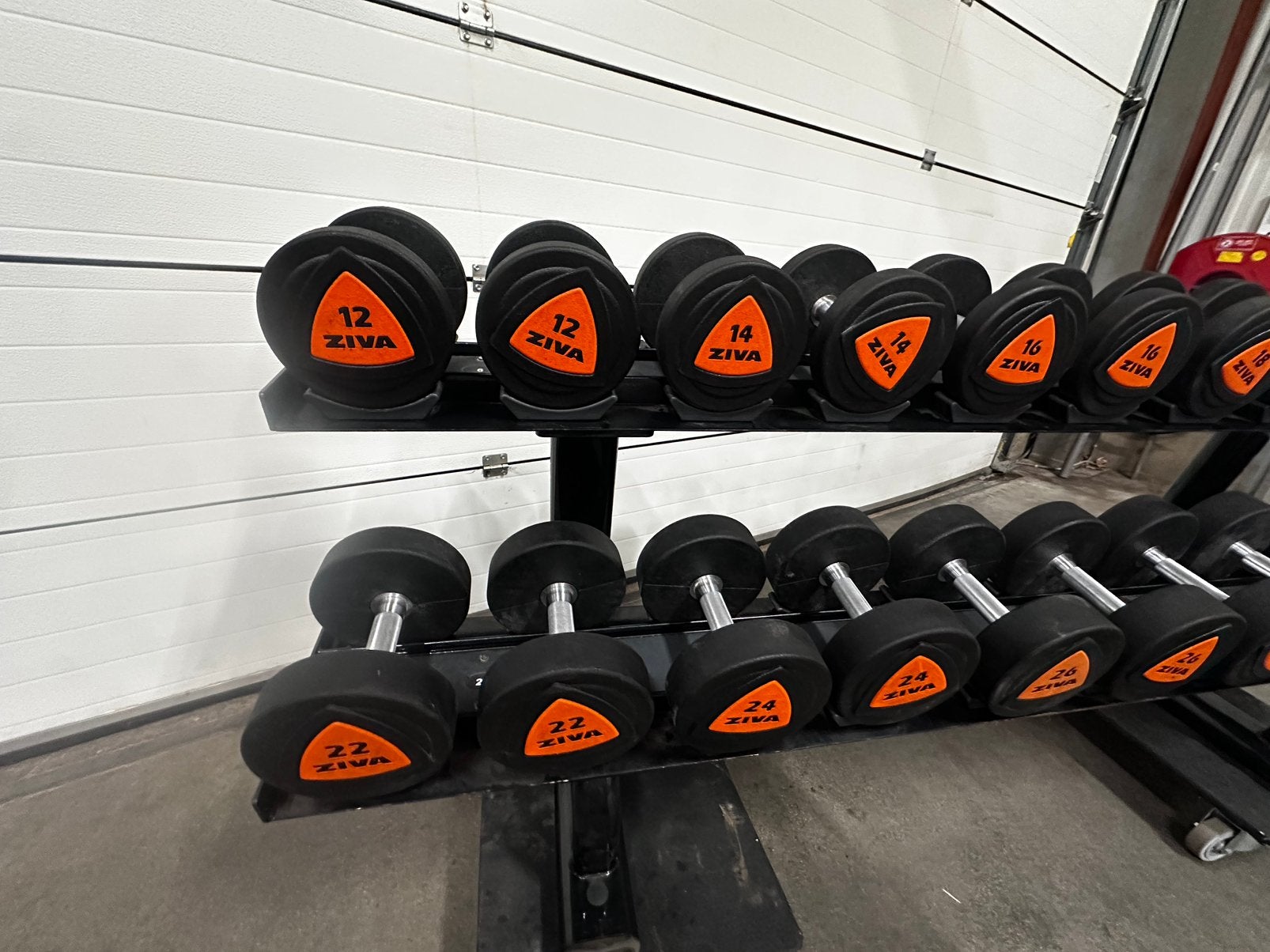 Ziva Rubberen Pu Dumbells 12kg t/m 30kg + life Fitness Rek, Sport en Fitness, Ophalen, Zo goed als nieuw, Dumbbell