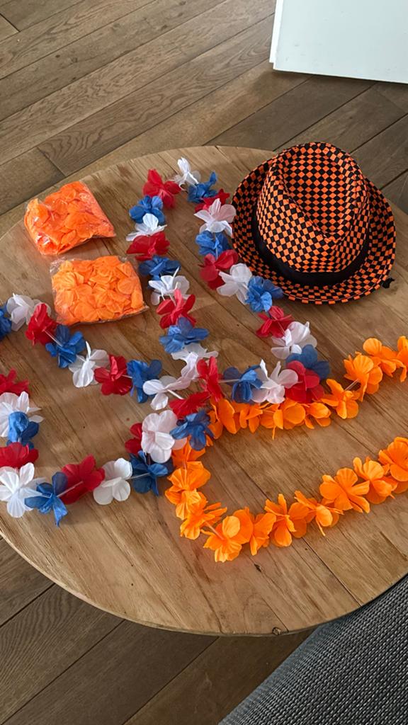 Oranje/Rood-Wit-Blauw Feestpakket: Hoed, Slingers & Bloemen, Ophalen of Verzenden, Zo goed als nieuw, Feestartikel, Oranje of Koningsdag
