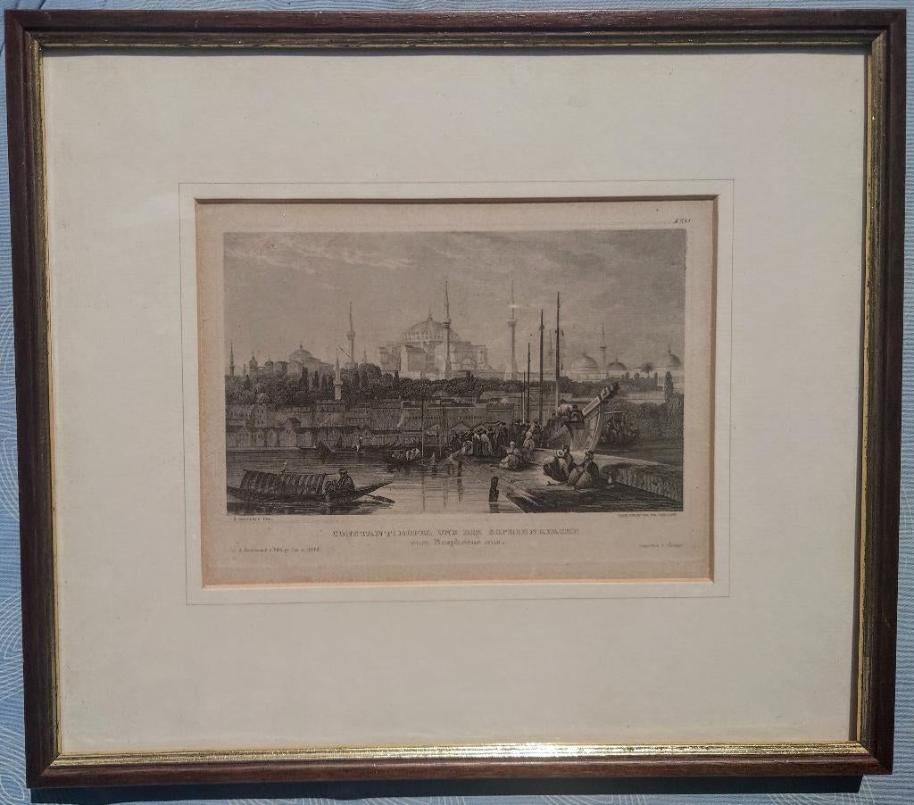 ~1850 gravure Istanbul met Aya Sophia en Bosphorus, Türkiye, 1800 - 1899, Stadsgezicht, Ingelijst, Ophalen of Verzenden