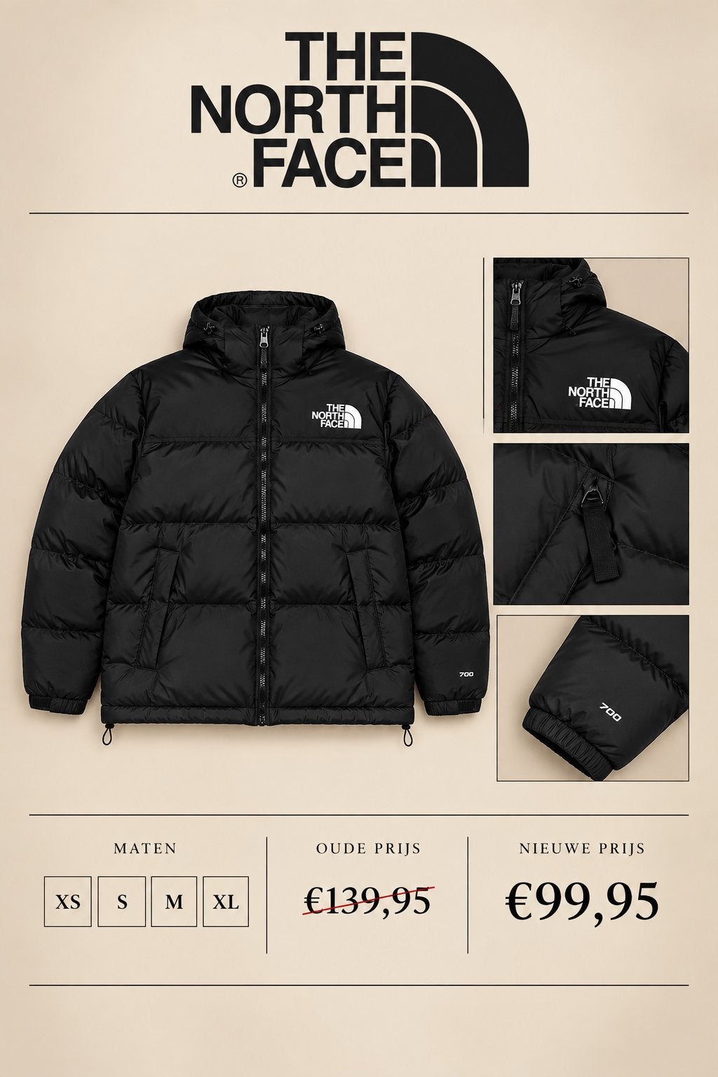 Northface Nupste 700 Jas, Ophalen, Nieuw, Zwart