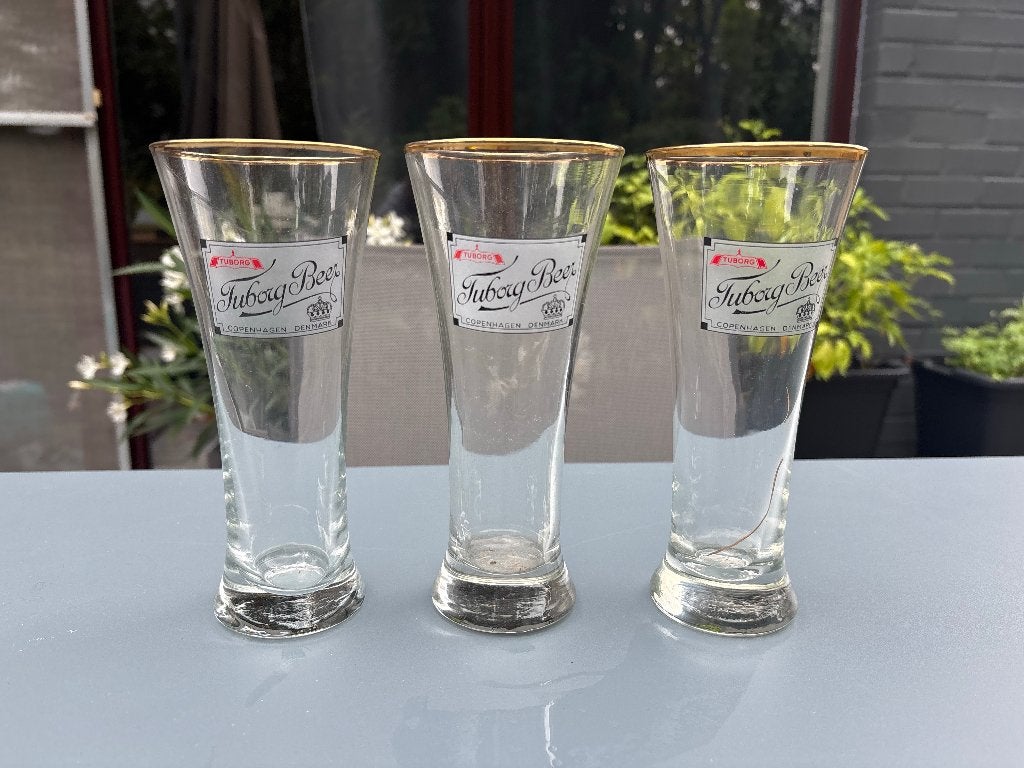 3 vintage Tuborg Beer glazen met gouden rand / Kopenhagen, Verzamelen, Ophalen of Verzenden, Zo goed als nieuw, Glas of Glazen