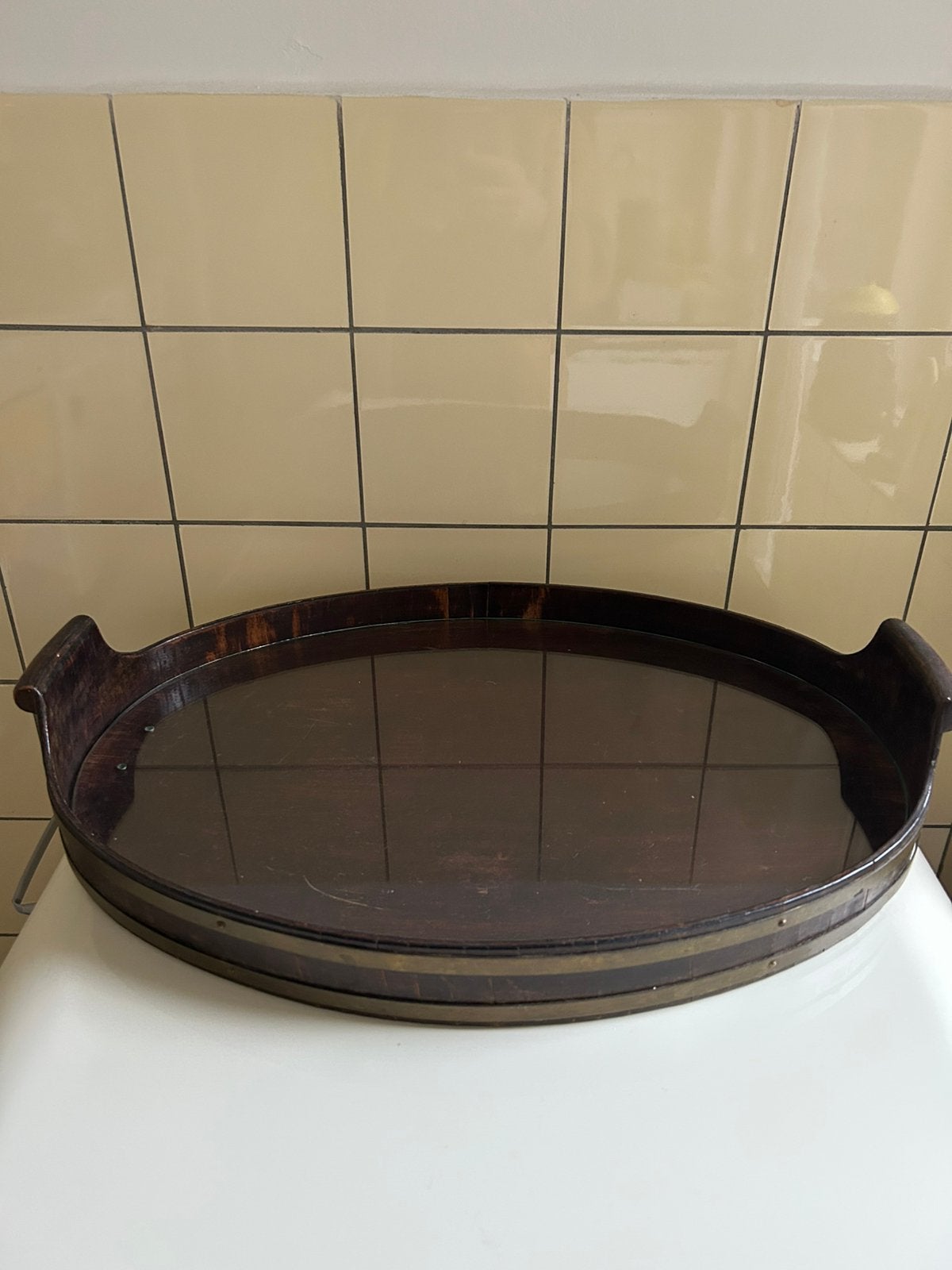 Antiek dienblad mer koperen rand en glasplaat, Ophalen of Verzenden