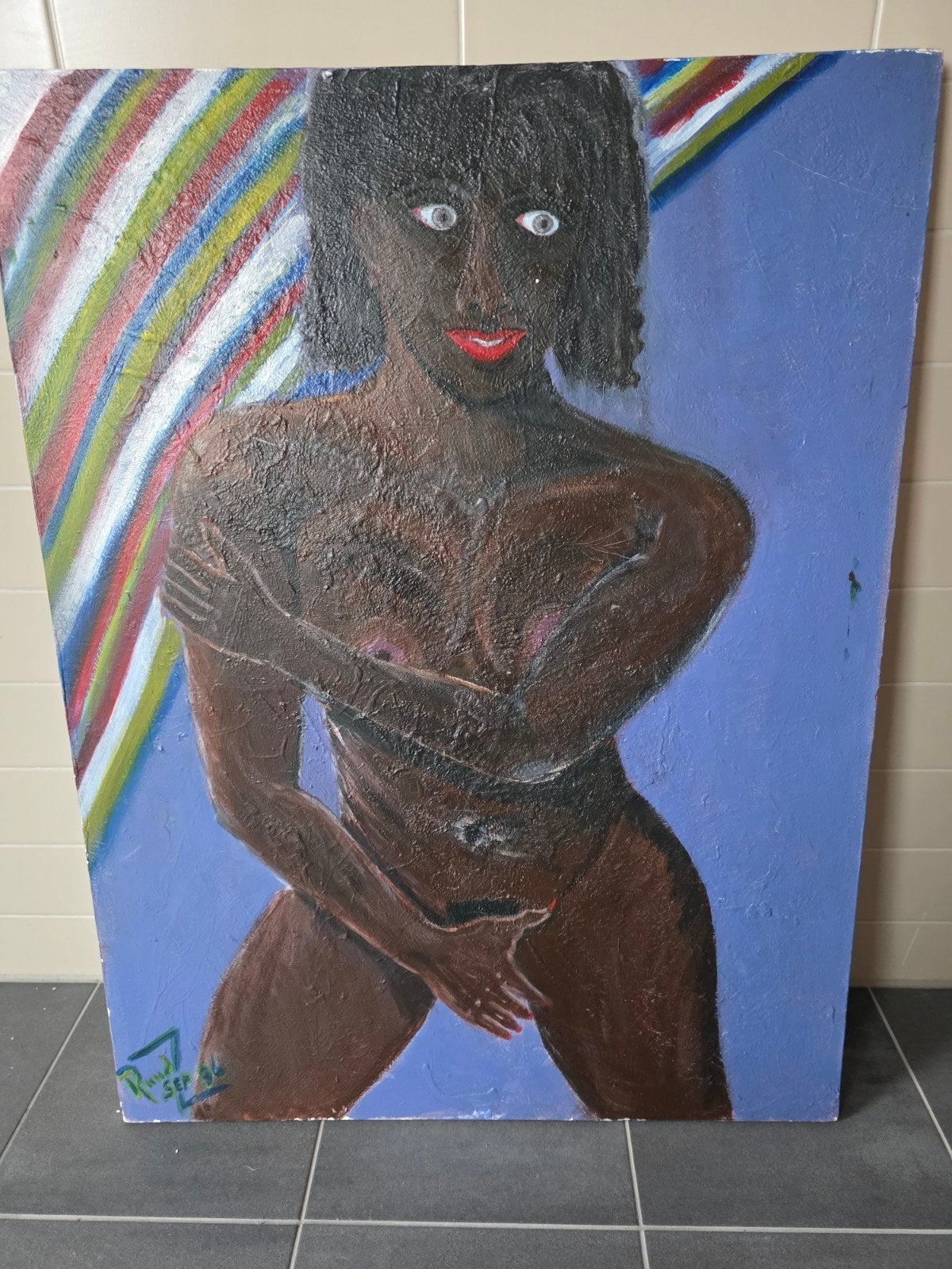 Kleurrijk schilderij naakte vrouw, afmetingen 92x70cm, Antiek en Kunst, Verzenden
