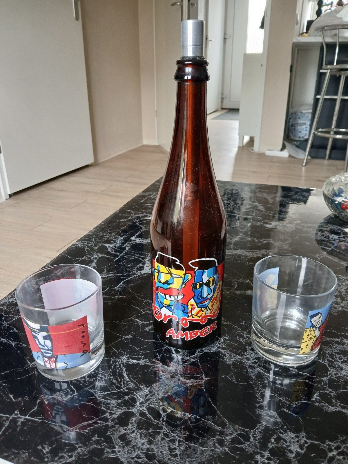 Gesigneerde set van Herman Brood, 2 glazen en een fles, Ophalen of Verzenden