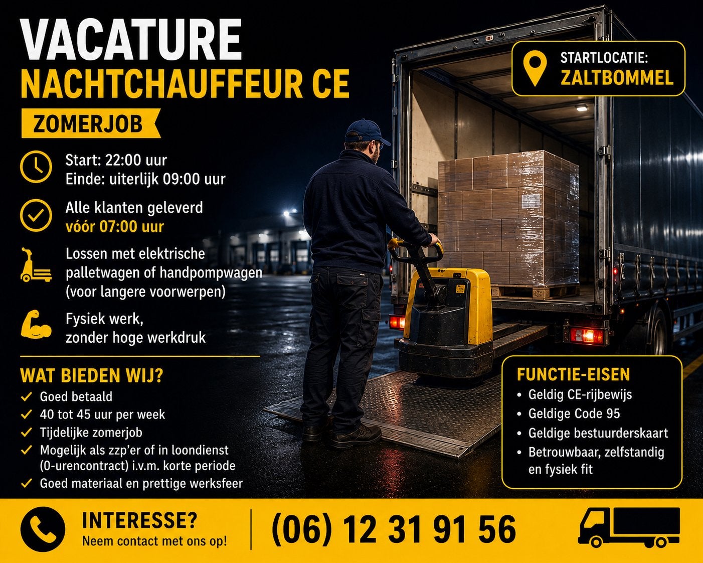 Nachtdienst vrachtwagen chauffeur CE met code 95 gezocht, Vacatures, 33 - 40 uur, Overige niveaus, Starter