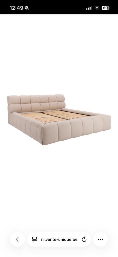 Gloednieuw - tweepersoonsbed met gestoffeerd hoofdbord, Beige, Tweepersoons, Ophalen of Verzenden, Zo goed als nieuw