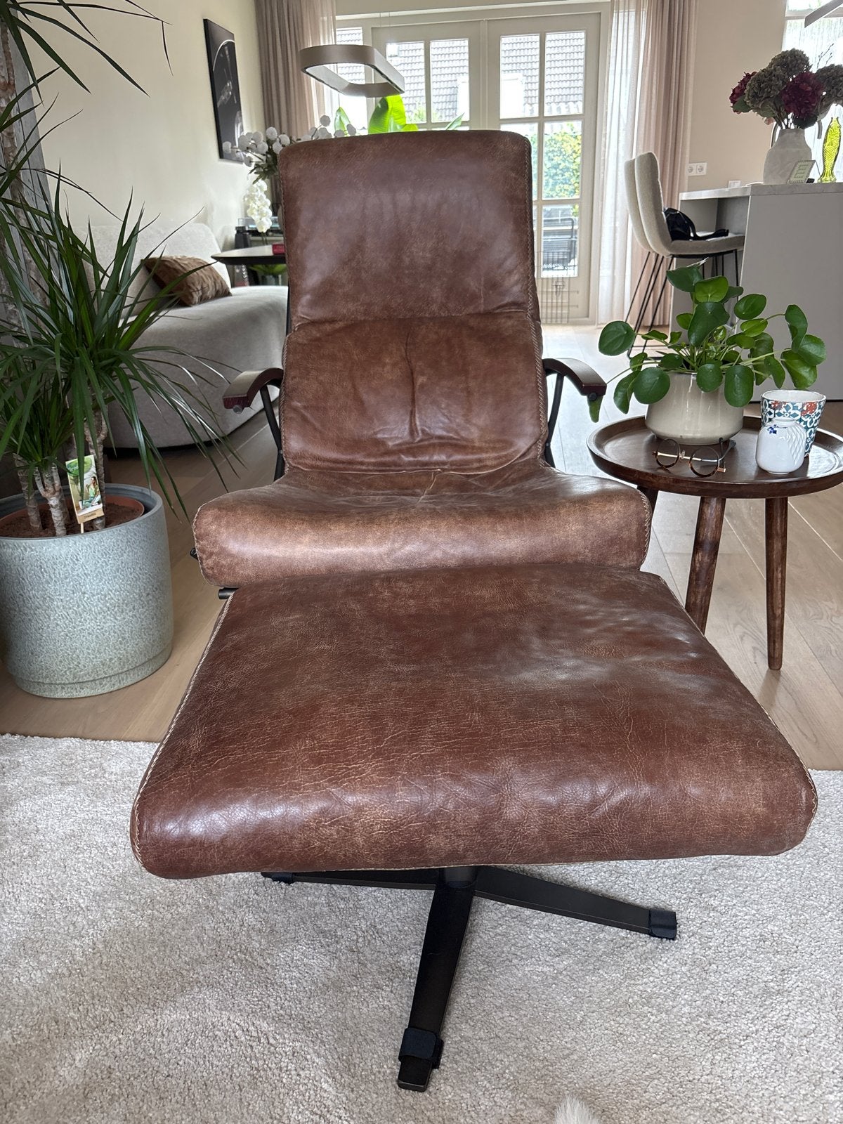 Leren fauteuil en hocker 't Anker - Zo goed als nieuw, Ophalen, Bruin, Leer, Zo goed als nieuw