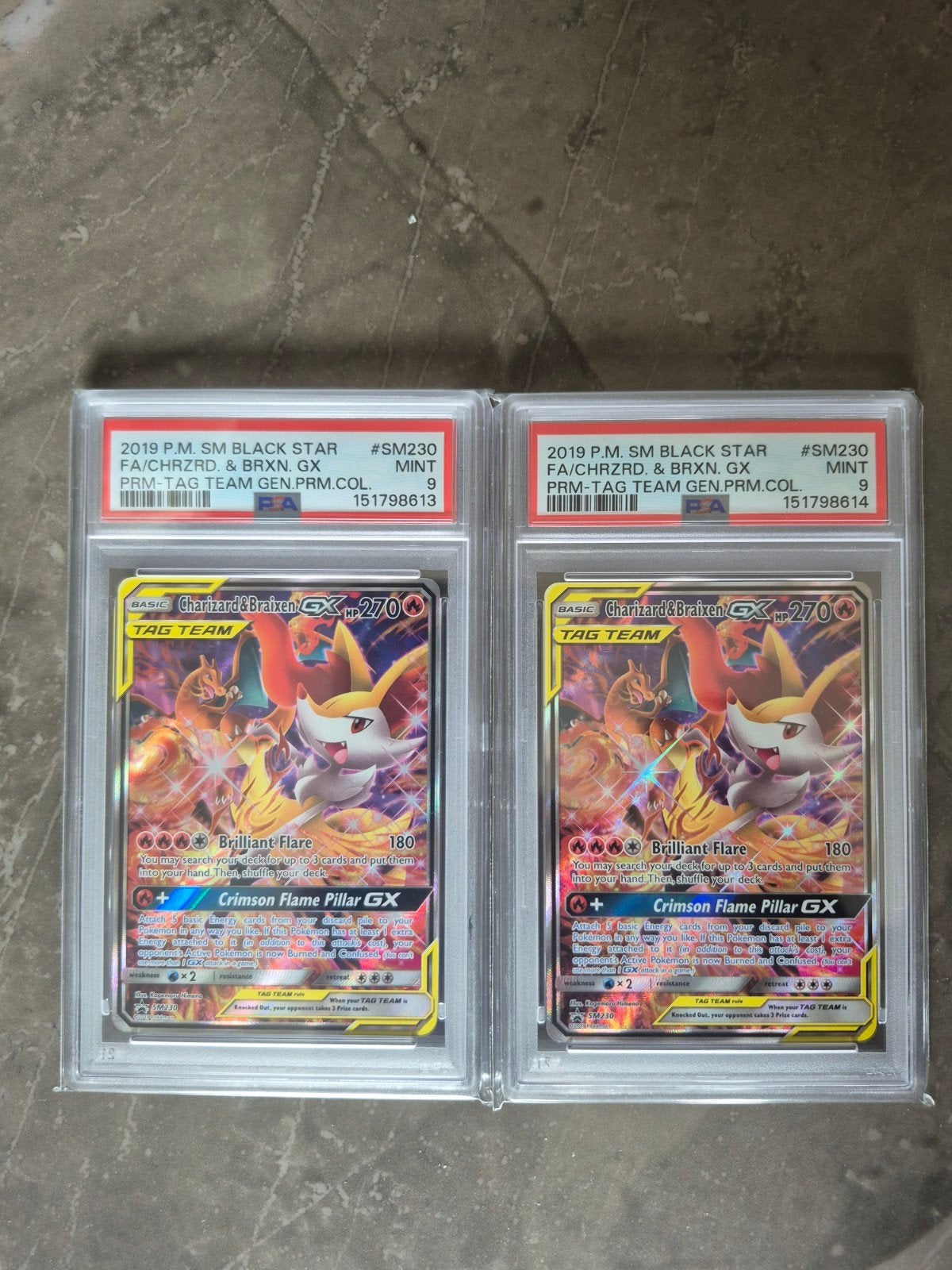 Charizard & Braixen GX SM230 PSA 9 TAG TEAM PROMO (2x), Ophalen of Verzenden, Zo goed als nieuw, Losse kaart, Foil