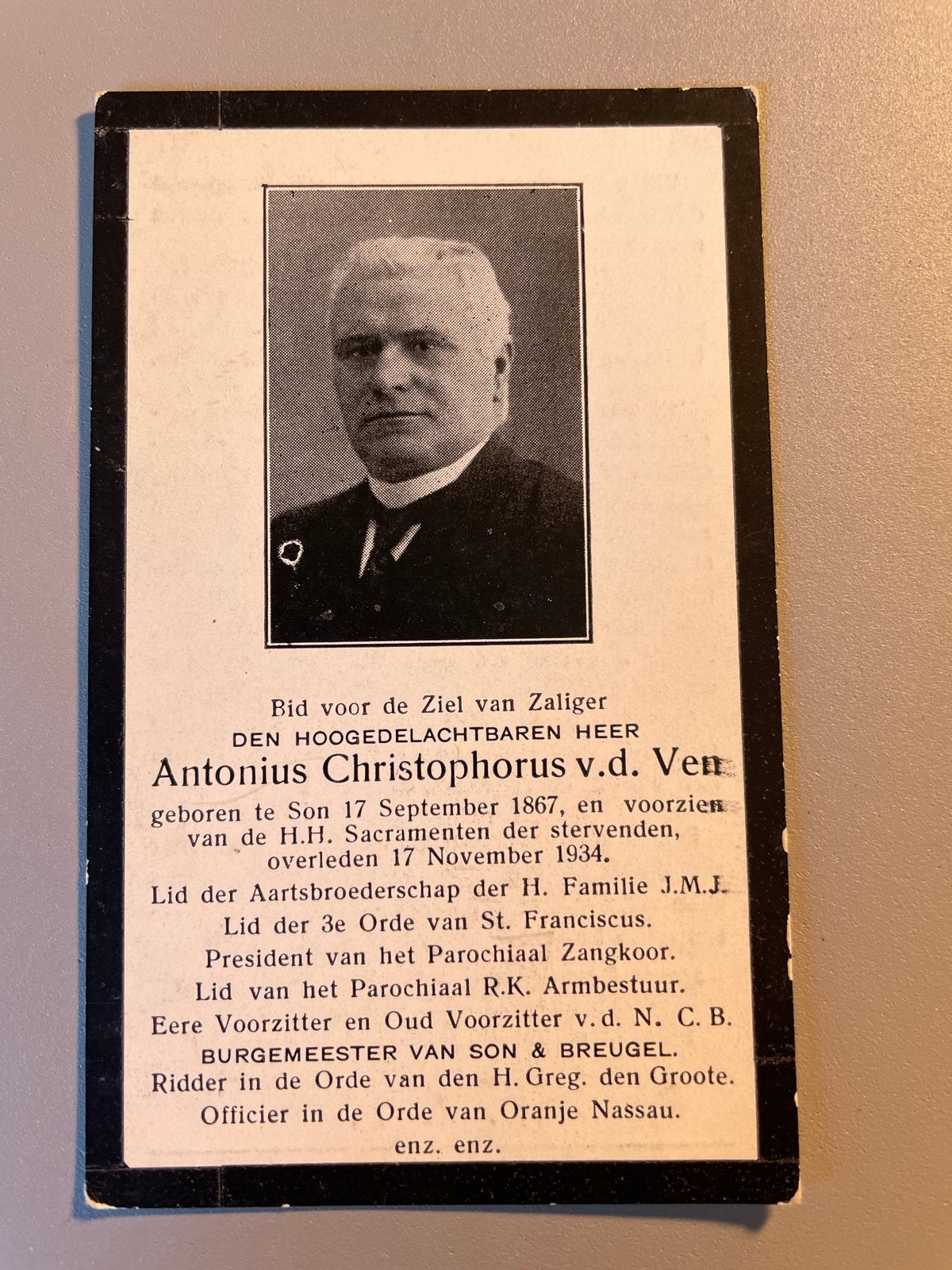 Bidprentje Antonius Christophorus v.d. Ven 1934 Son, Verzamelen, Bidprentjes en Rouwkaarten, Ophalen of Verzenden, Bidprentje