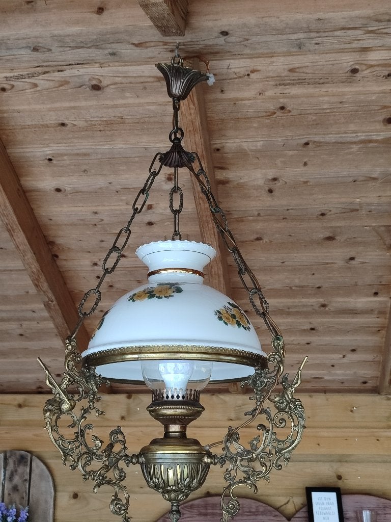 Antieke, melkglazen olielamp met E27 fitting, Ophalen