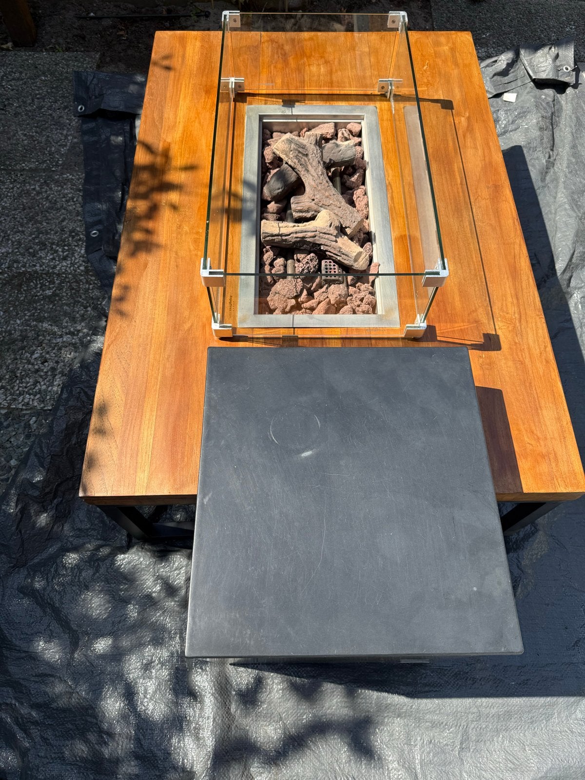 Enjoyfires Vuurtafel met Houten Blad en Glazen Ombouw, Tuin en Terras, Vuurkorven, Ophalen, Gebruikt, Vuurkorf