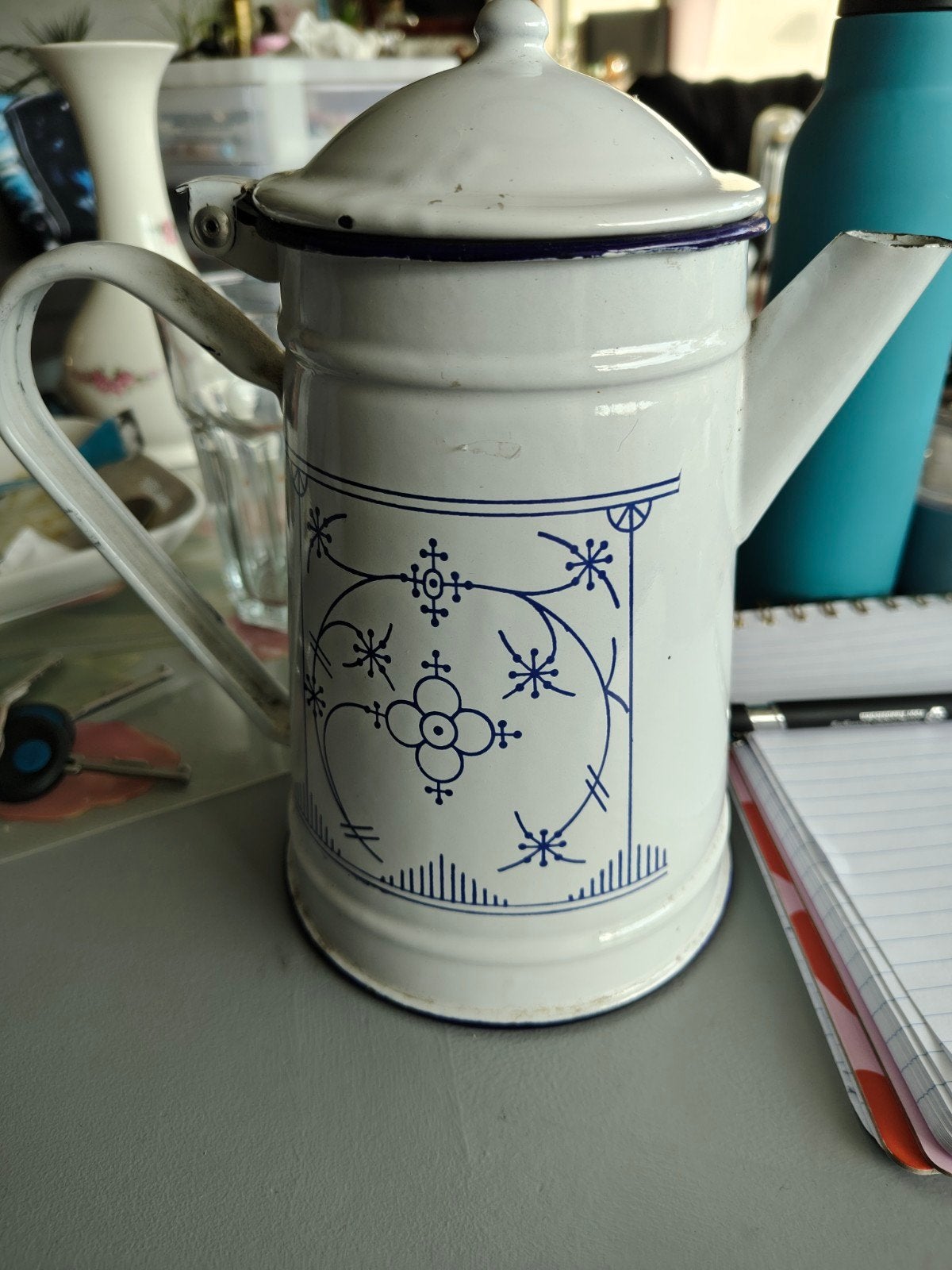 Vintage geëmailleerde koffiekan met blauw decor, Ophalen of Verzenden