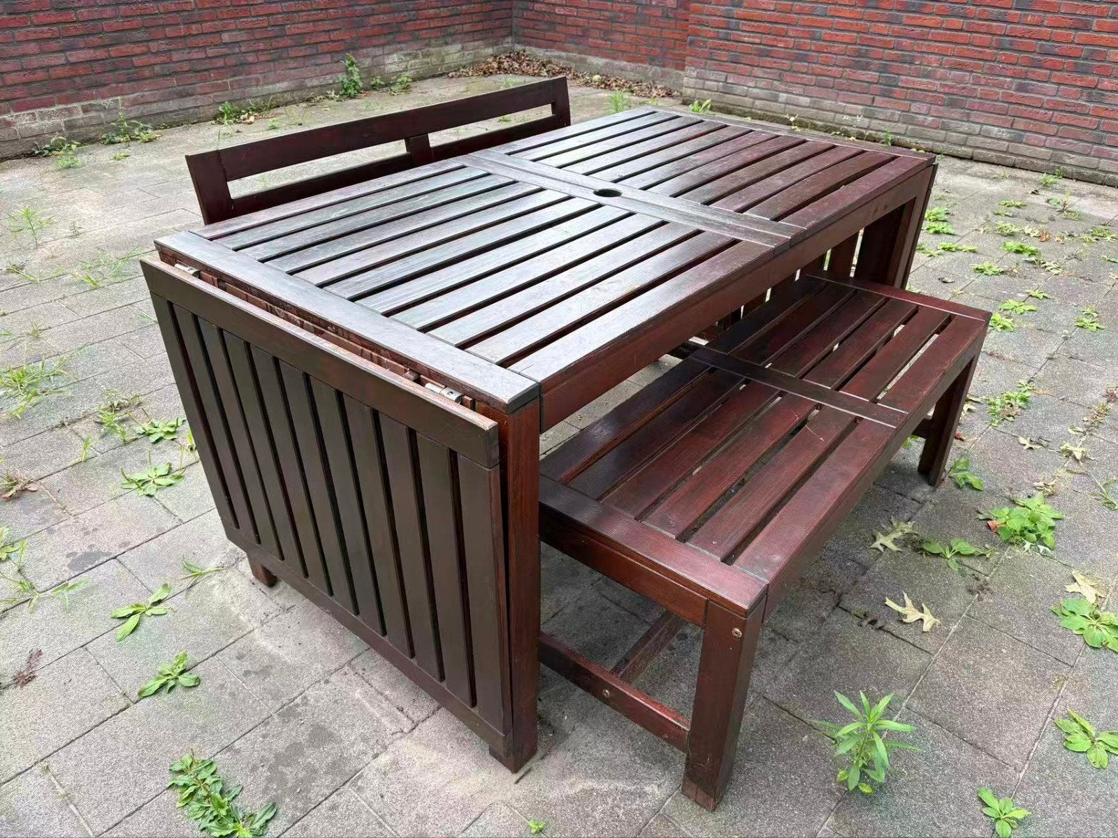 Uitschuifbare houten tuintafel met bankjes, Ophalen, Gebruikt, Hout