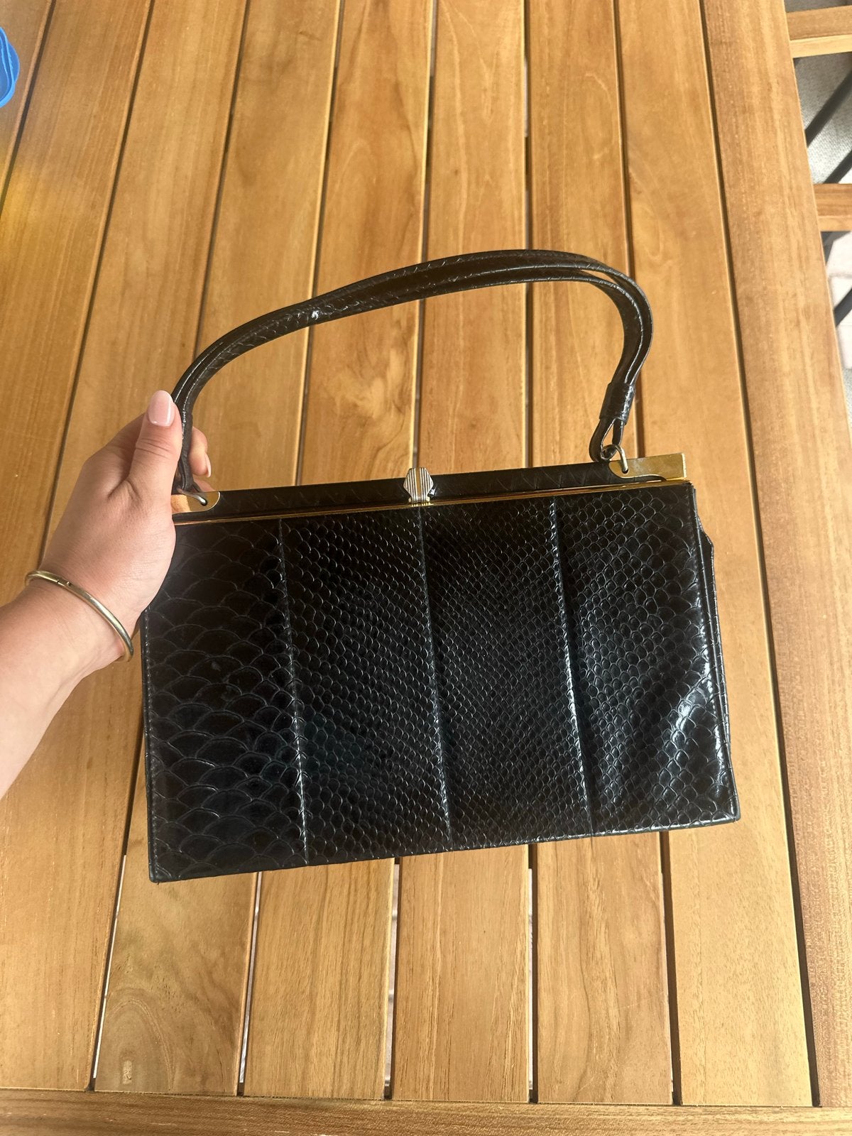 Vintage Lak Leren Look Snake Handtas Clutch met Knipsluiting, Ophalen of Verzenden, Gebruikt, Zwart, Handtas