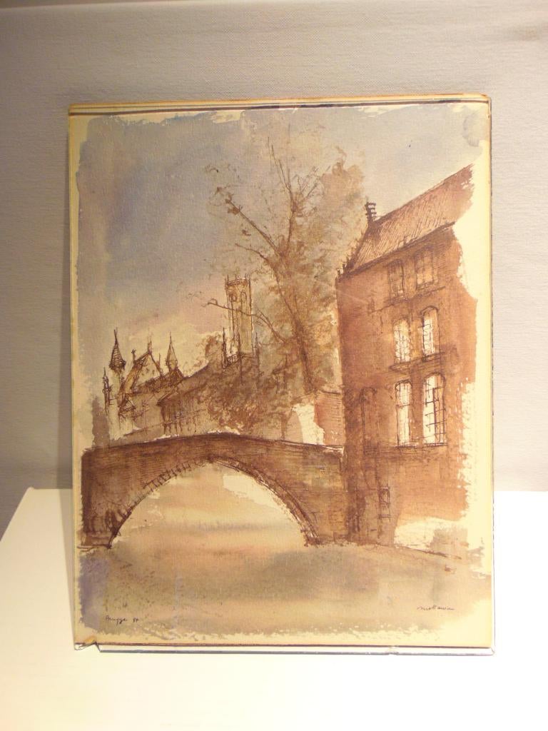 Aquarel in Sepia stad Brugge, Minder dan 50 cm, Overige typen, Nieuw, Ophalen of Verzenden