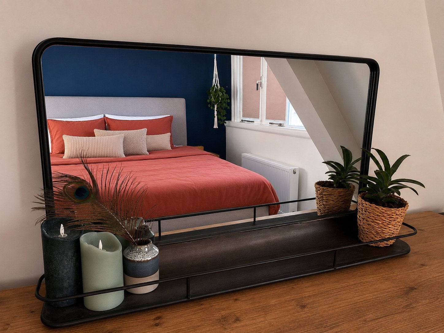 Zwarte spiegel met plankje- 90x47x15 cm, Huis en Inrichting, Ophalen, Minder dan 50 cm, Zo goed als nieuw, Minder dan 100 cm