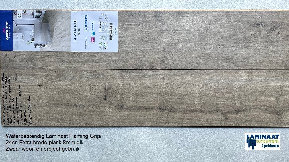 Waterbestendig Laminaat Zand Grijs Fla. Extra brede 24cm, 75 m² of meer, Nieuw, Ophalen of Verzenden, Waterbestendig laminaat extra brede plank 24cm