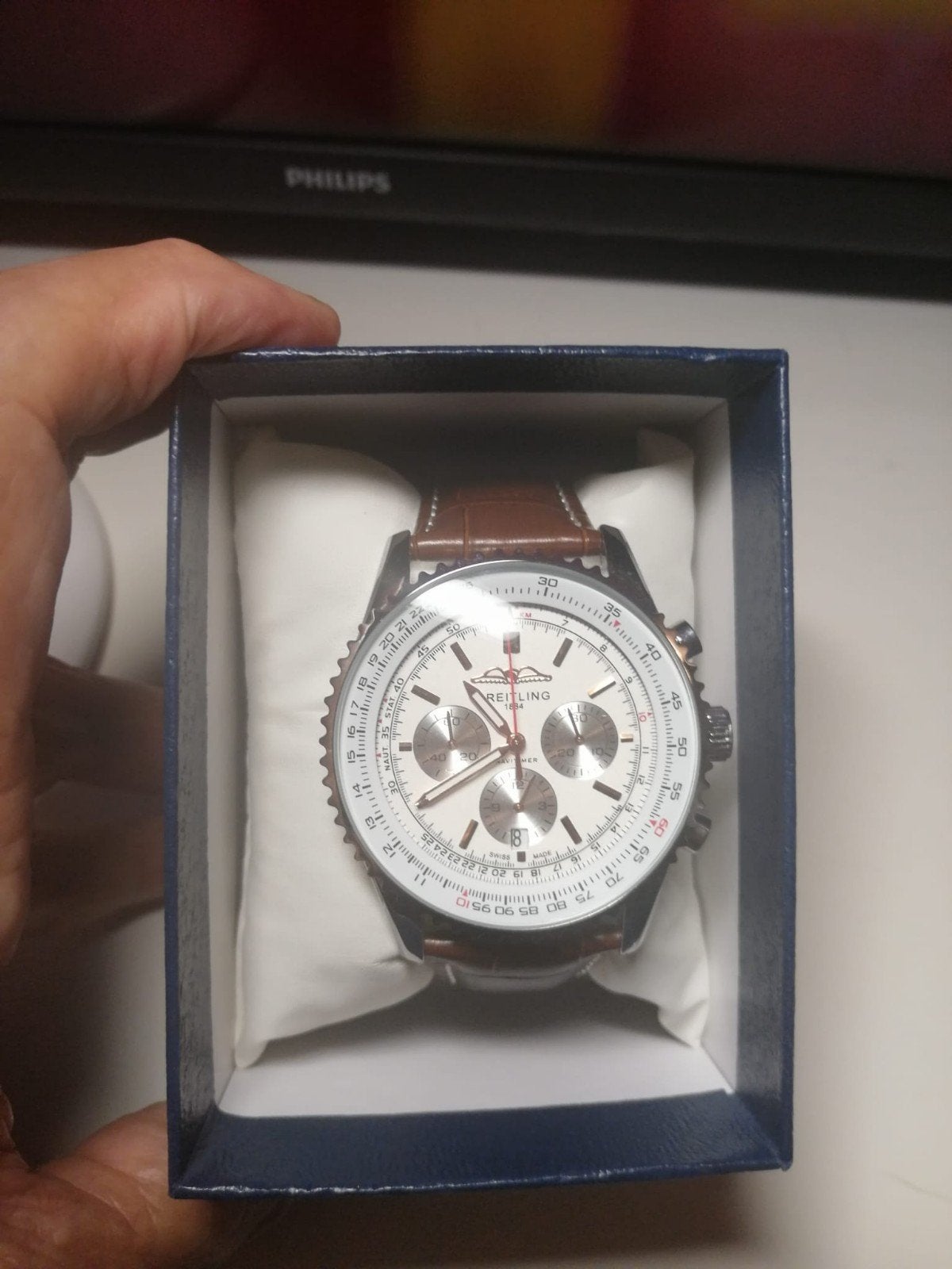 Breitling Navitimer 1848 met bruine leren band, Leer, Staal, Breitling, Polshorloge