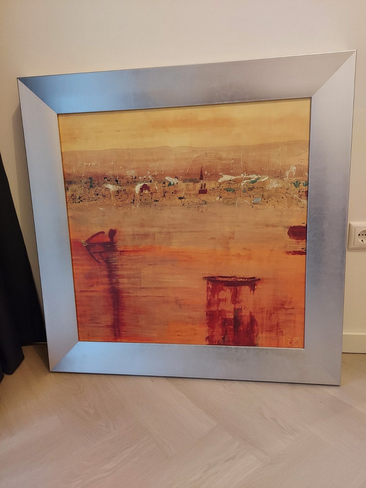 2 schilderijen rood/oranje met  lijst 88x88cm, Ophalen