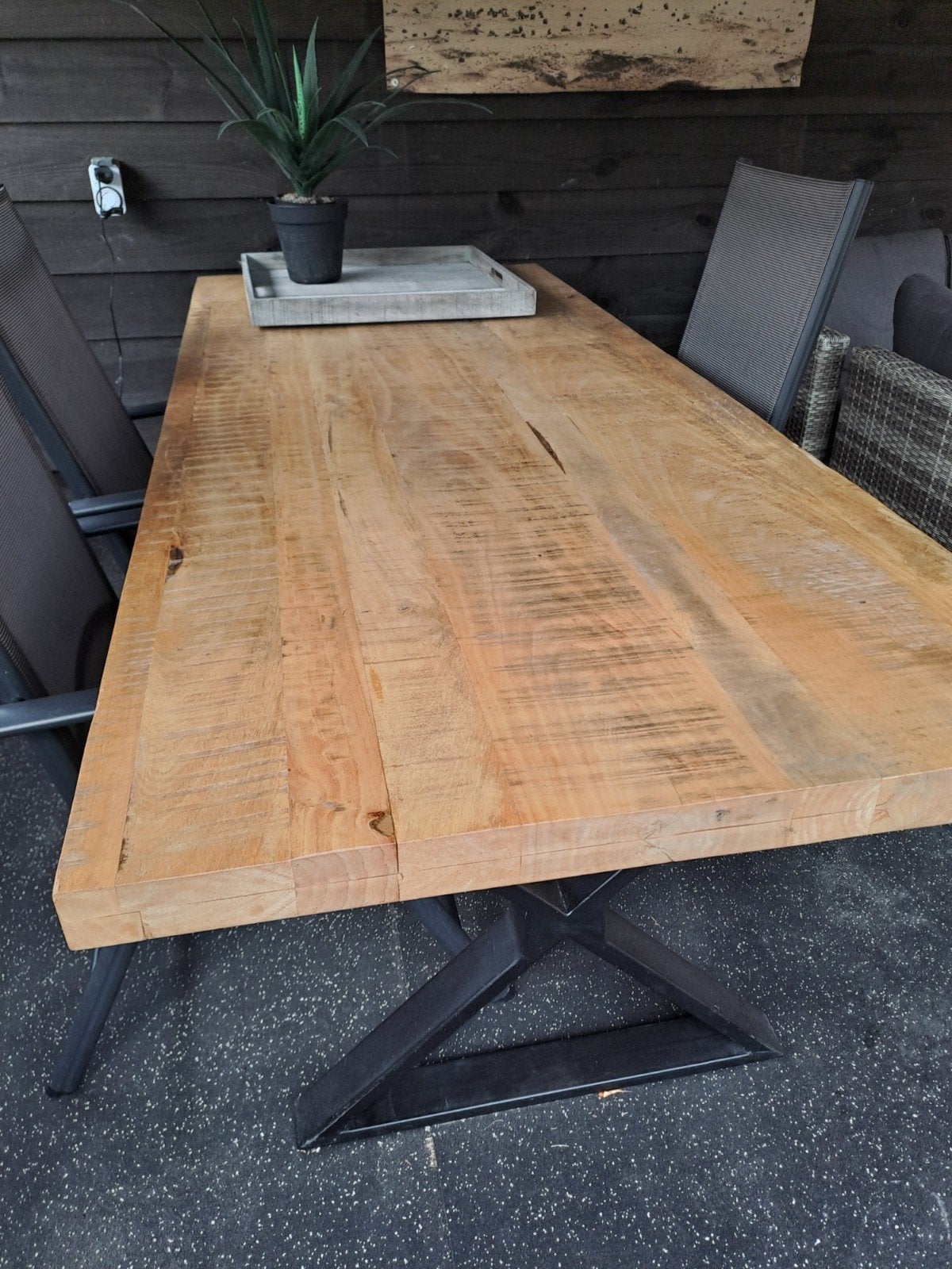 Robuuste mangohouten eettafel - 222x90x76cm, Huis en Inrichting, Tafels | Eettafels, Gebruikt, Industrieel, robuust, 200 cm of meer