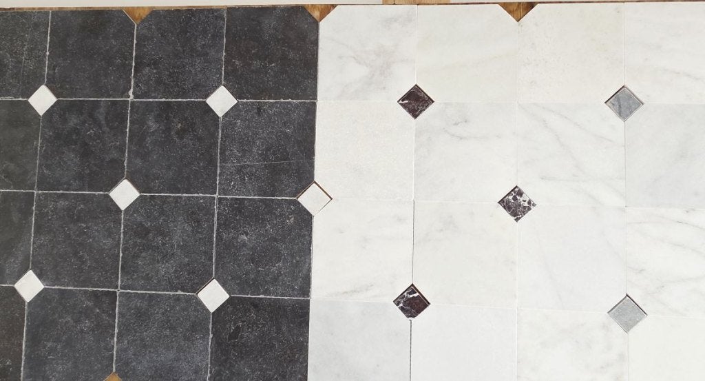 Wit marmer of donker hardsteen octagon vloertegels verouderd, Hardsteen, Nieuw, Ophalen of Verzenden, 20 tot 40 cm