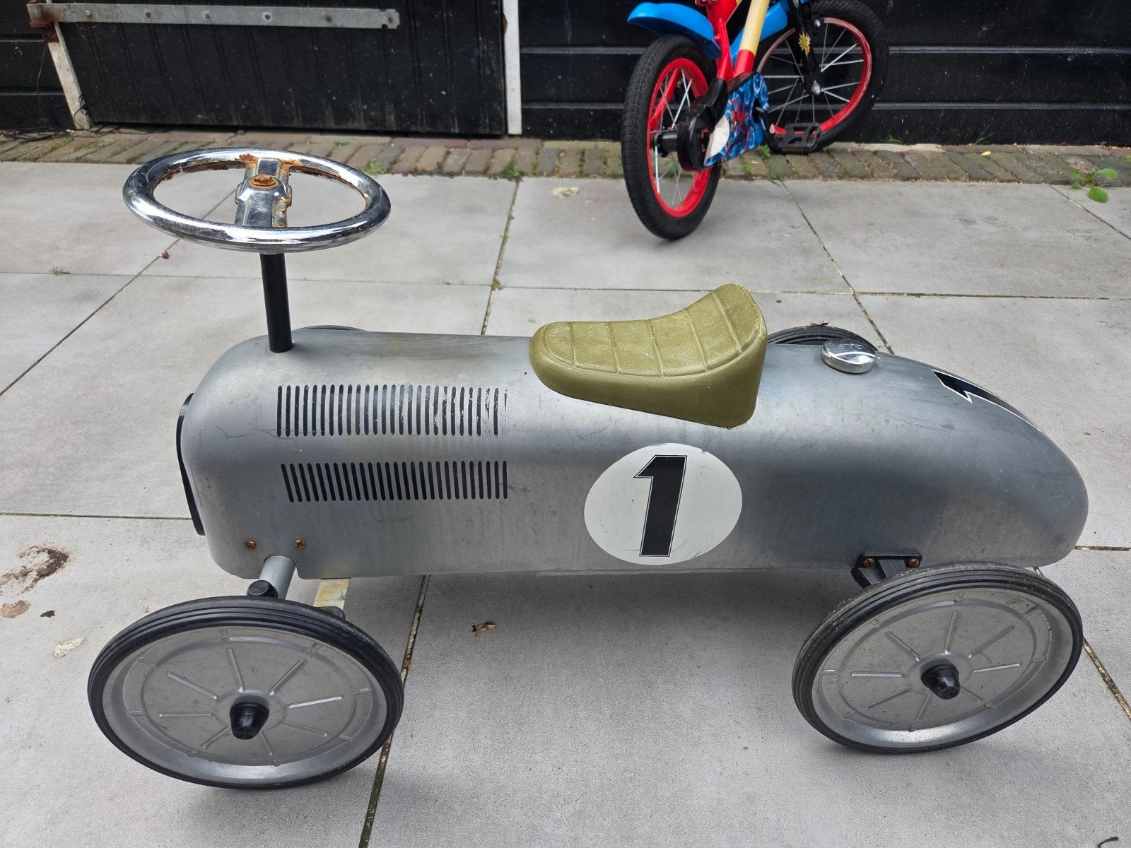 Vintage trapauto raceauto nr. 1 - zilver, Ophalen of Verzenden, Gebruikt
