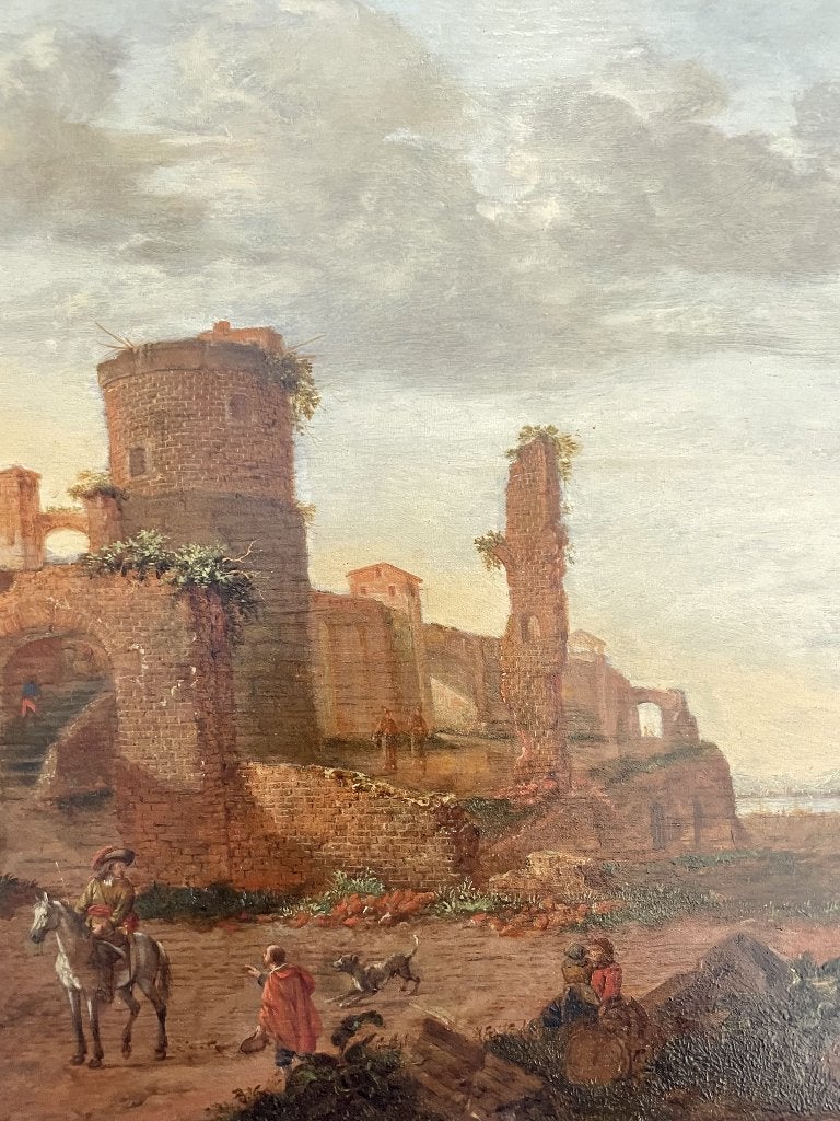 Emanuel Murant - Landschap met een obelisk en enkele figuren, Paneel, Ophalen of Verzenden, Landschap, Olieverf