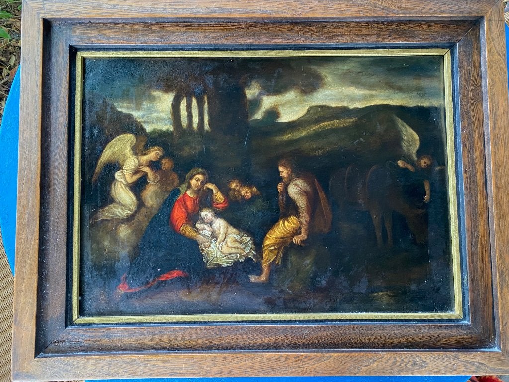17 e eeuws schilderij, religieuze scene Heilige Familie, Antiek en Kunst, Portret of Personen, Olieverf, Klassiek, Metaal