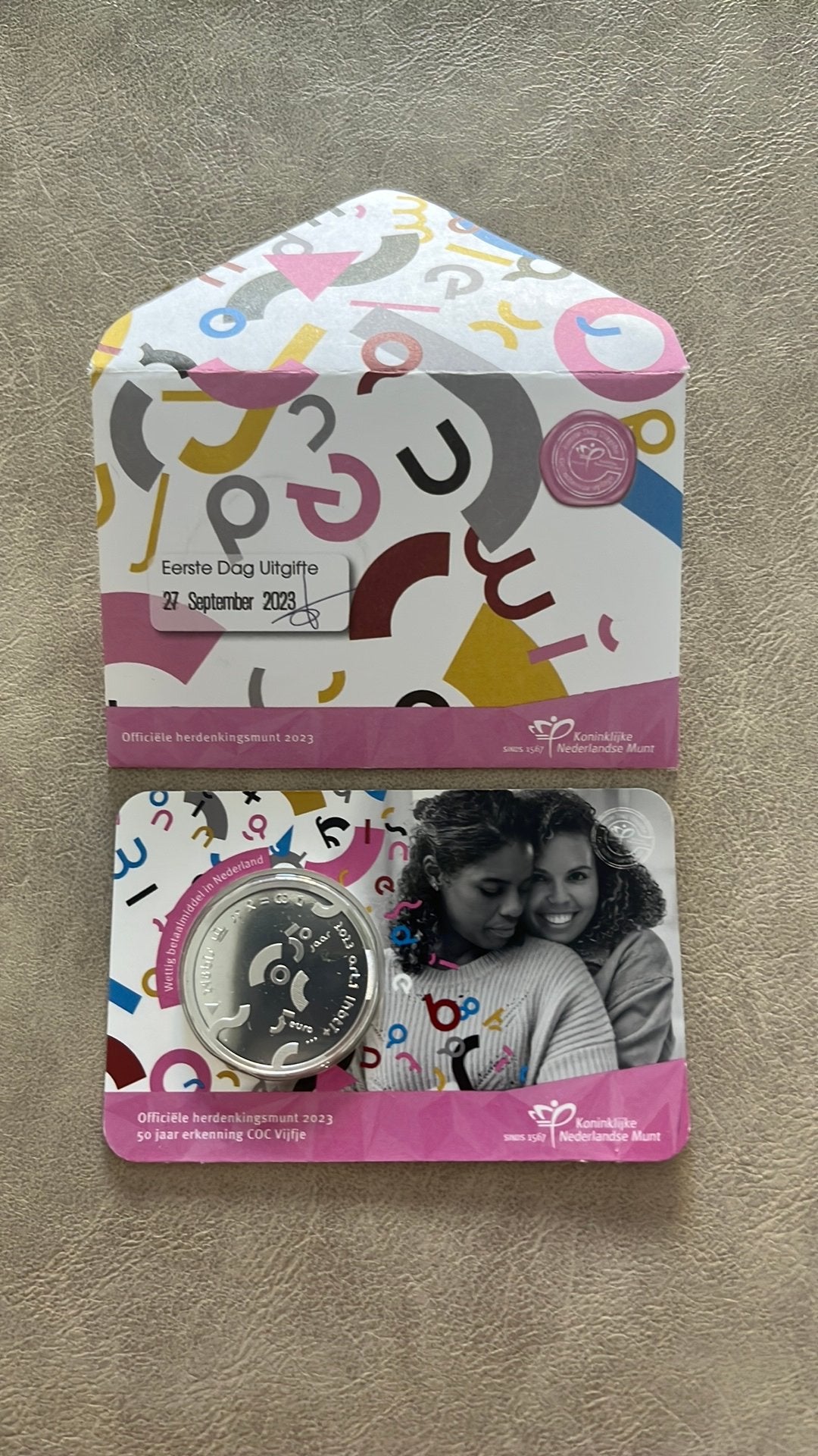 Coincard 1ste dag uitgifte 50 jaar erkenning COC, Verzenden, Overige landen, 2 euro, Losse munt