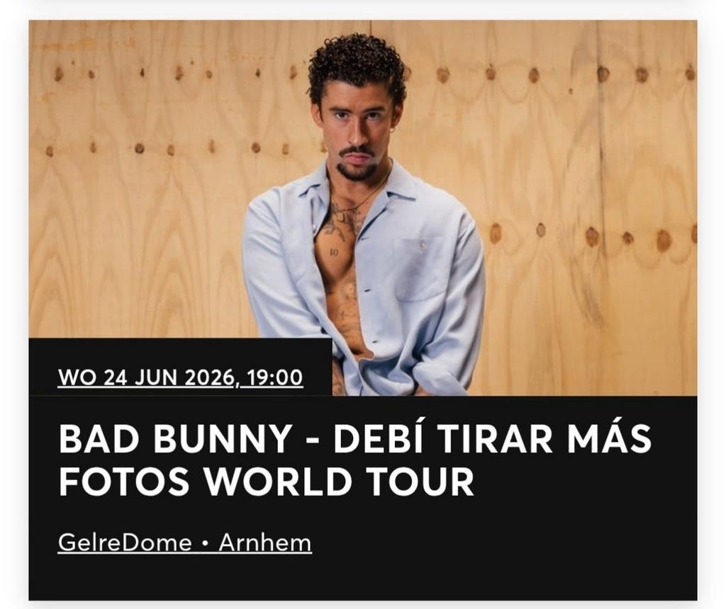 2x staanplaatsen 24 juni 2026 Bad Bunny - GelreDome, Tickets en Kaartjes, Concerten | Pop, Twee personen, Juni