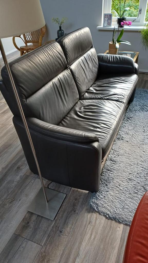 Leren 3-zitsbank en 2 fauteuils - Zwart & Oranje, Ophalen, Modern, Comfortabel, Gebruikt, Tweepersoons