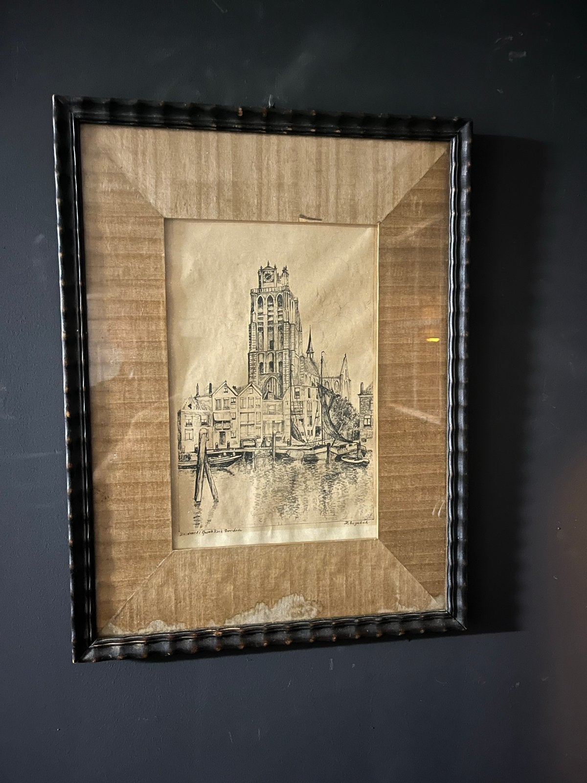 Antieke tekening Grote Kerk Dordrecht, gesigneerd H. Eijzend, Antiek en Kunst, Kunst | Tekeningen en Foto's, Ophalen of Verzenden