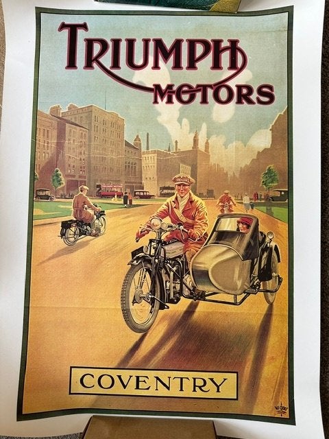 Vintage Triumph Motors Coventry Poster - Alf Cooke, Rechthoekig Staand, Ophalen of Verzenden, Zo goed als nieuw, A1 t/m A3