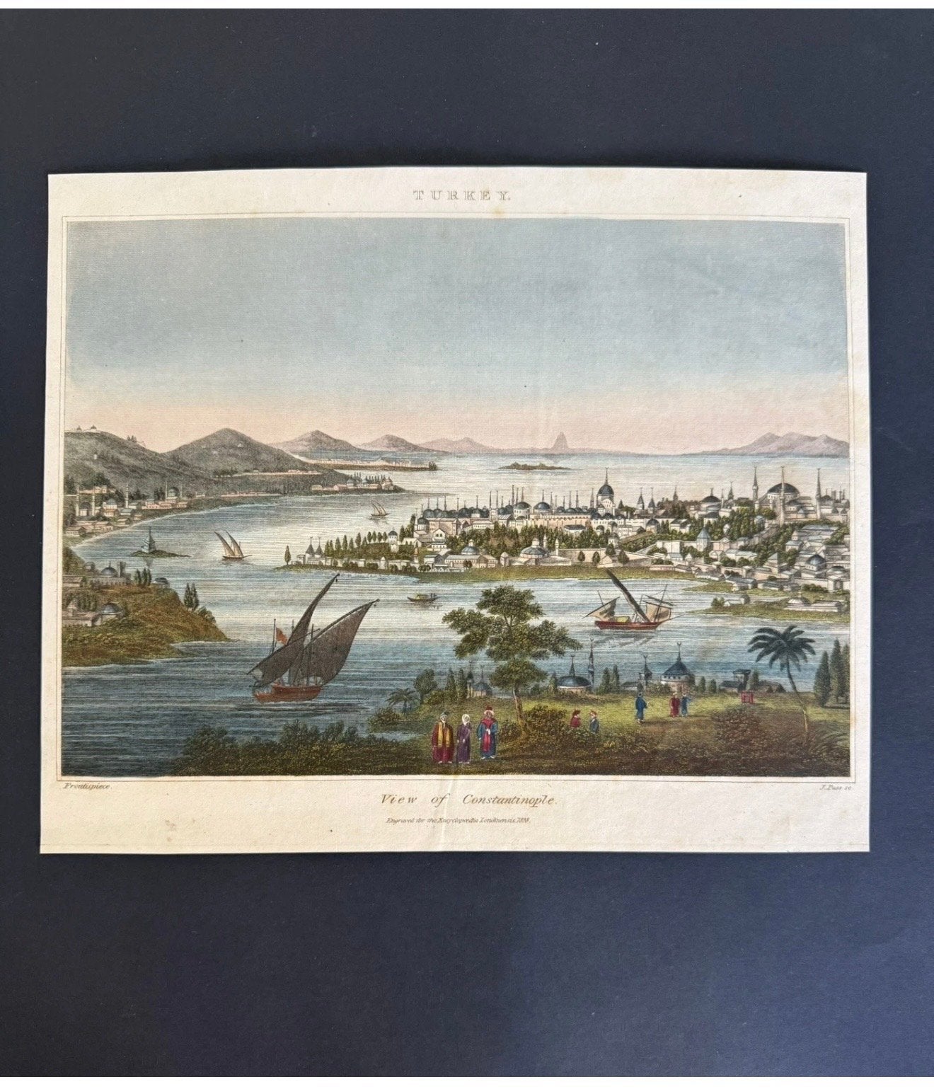 Antieke gekleurde gravure "View of Constantinople", Handgekleurd, 1800 - 1899, Stadsgezicht, Ophalen of Verzenden