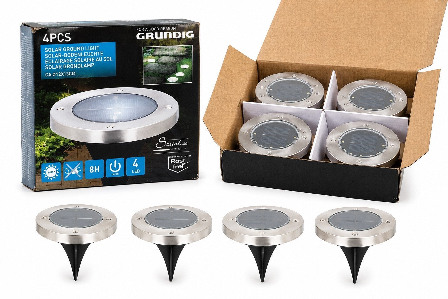 Grundig Solar Grondlampen - 4 stuks - RVS - LED, Zonne-energie, Minder dan 50 watt, Nieuw, Ophalen of Verzenden