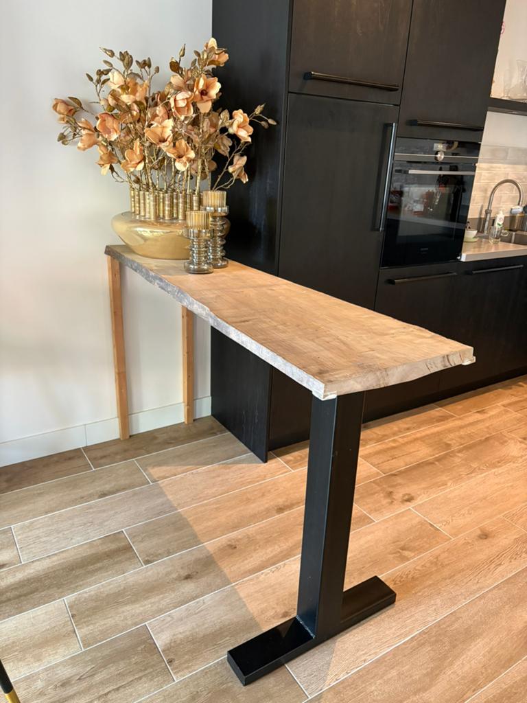 Bartafel eikenhout met metalen voet, Ophalen, 100 tot 150 cm, Eikenhout, 50 tot 100 cm