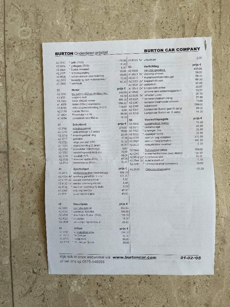 Burton Car Company  folders en prijslijst 2005, Ophalen of Verzenden, Zo goed als nieuw, Algemeen
