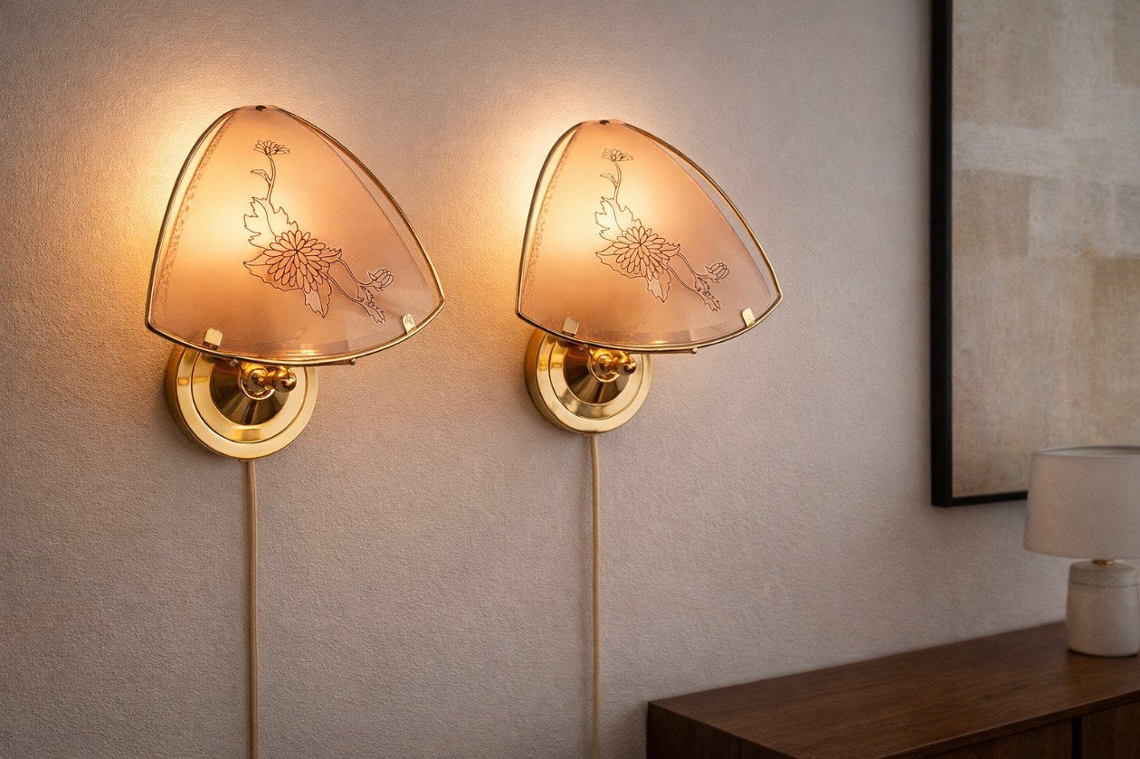 💛 Vintage wandlampen set messing rookglas bloemen, Ophalen, Zo goed als nieuw