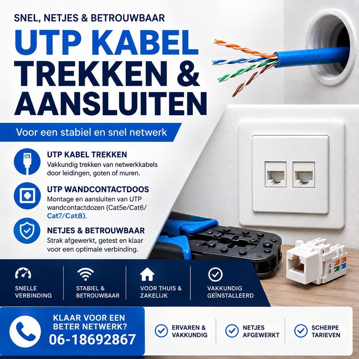 utp kabels trekken/ wandcontactdoos plaatsen, Variabele uren, MBO, Vanaf 3 jaar, Overige vormen