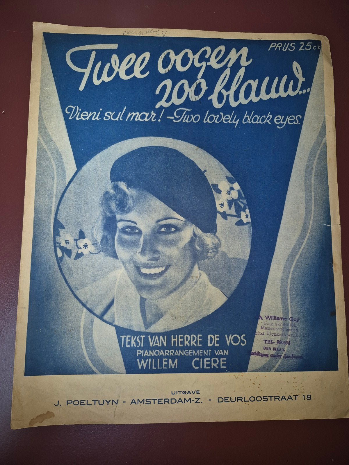 Vintage bladmuziek: Twee Oogen Zoo Blauw (1930s), Muziek en Instrumenten, Piano, Gebruikt, Ophalen of Verzenden, Thema