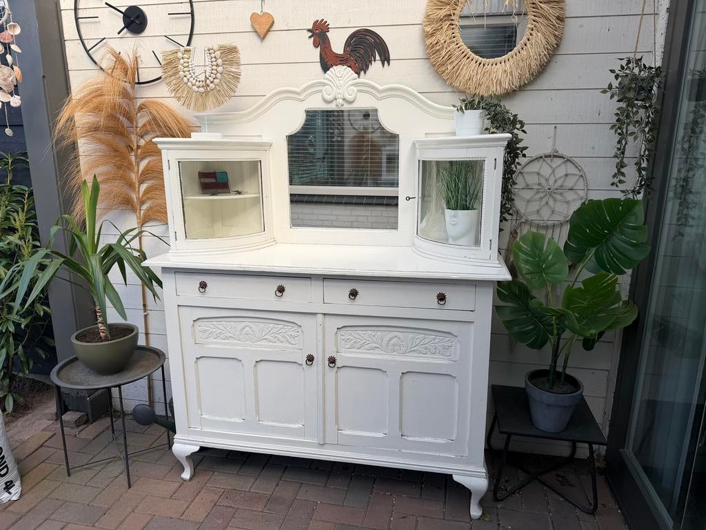 Mooie antiek brocante witte kast lades spiegel en deurtjes, Huis en Inrichting, Ophalen, Gebruikt, 50 tot 75 cm, 100 tot 150 cm