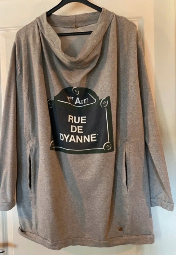 Grijze trui met 'Rue de Dyanne' print (Dyanne Beekman), Maat 42/44 (L), Ophalen of Verzenden, Zo goed als nieuw, Grijs