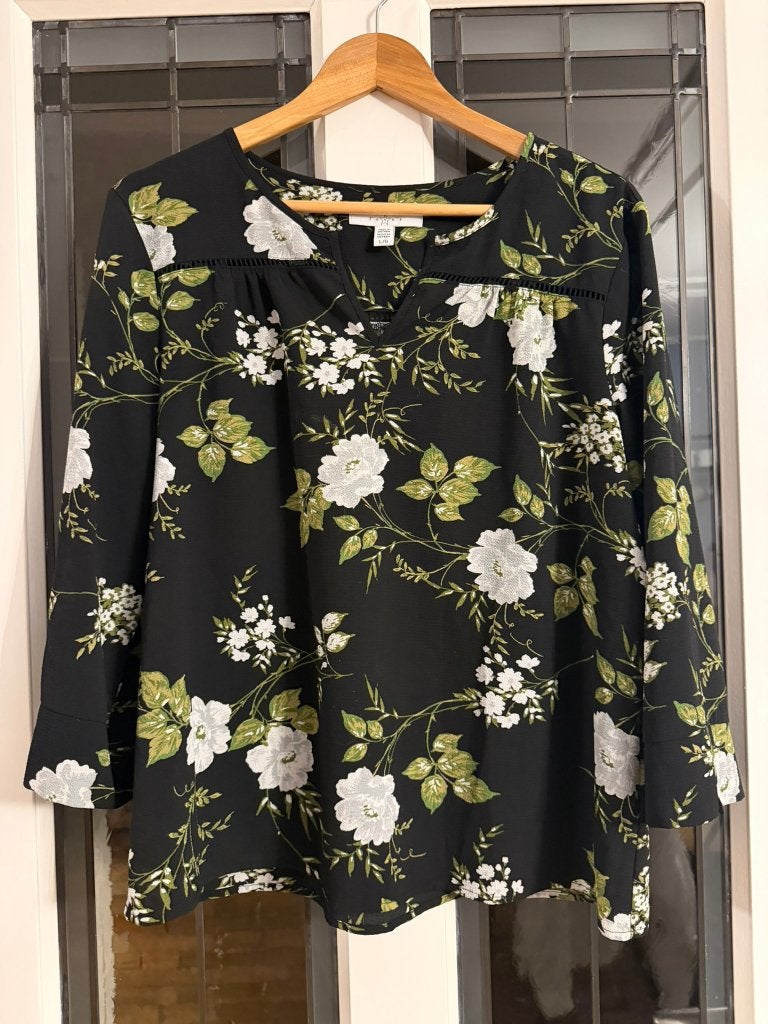 Zwarte Bloemenblouse met 3/4-Mouwen – Maat L, Ophalen, Fever, Zwart, Maat 42/44 (L)