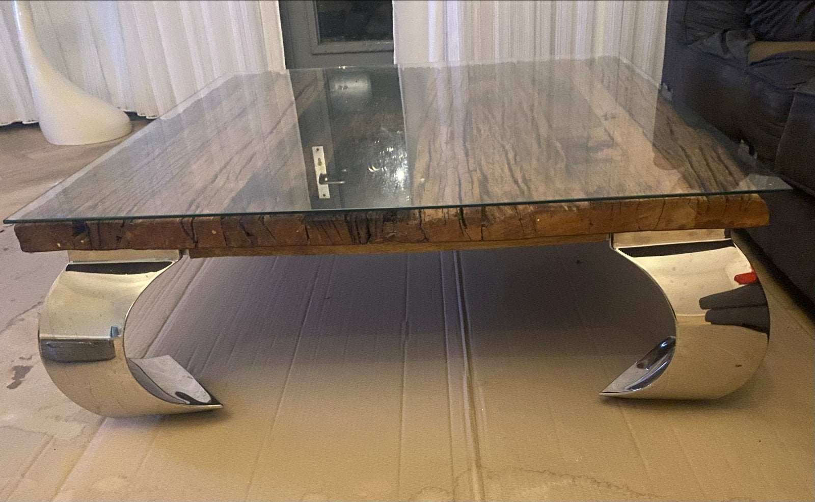 Rofra salon tafel met glasplaat en metalen onderstel, Ophalen of Verzenden, Zo goed als nieuw, Modern industrieel, Overige houtsoorten