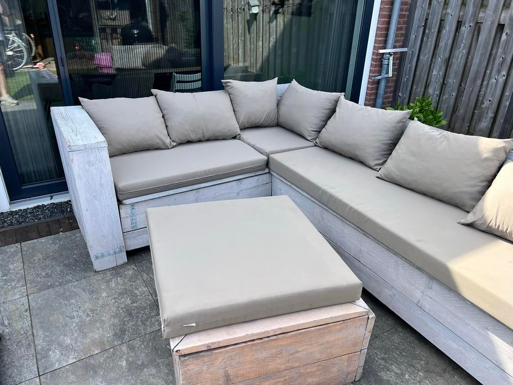 Loungeset steigerhout met poef en waterafstotende kussens, Tuin en Terras, Tuinsets en Loungesets, Ophalen, Gebruikt, Meer dan 8 zitplaatsen