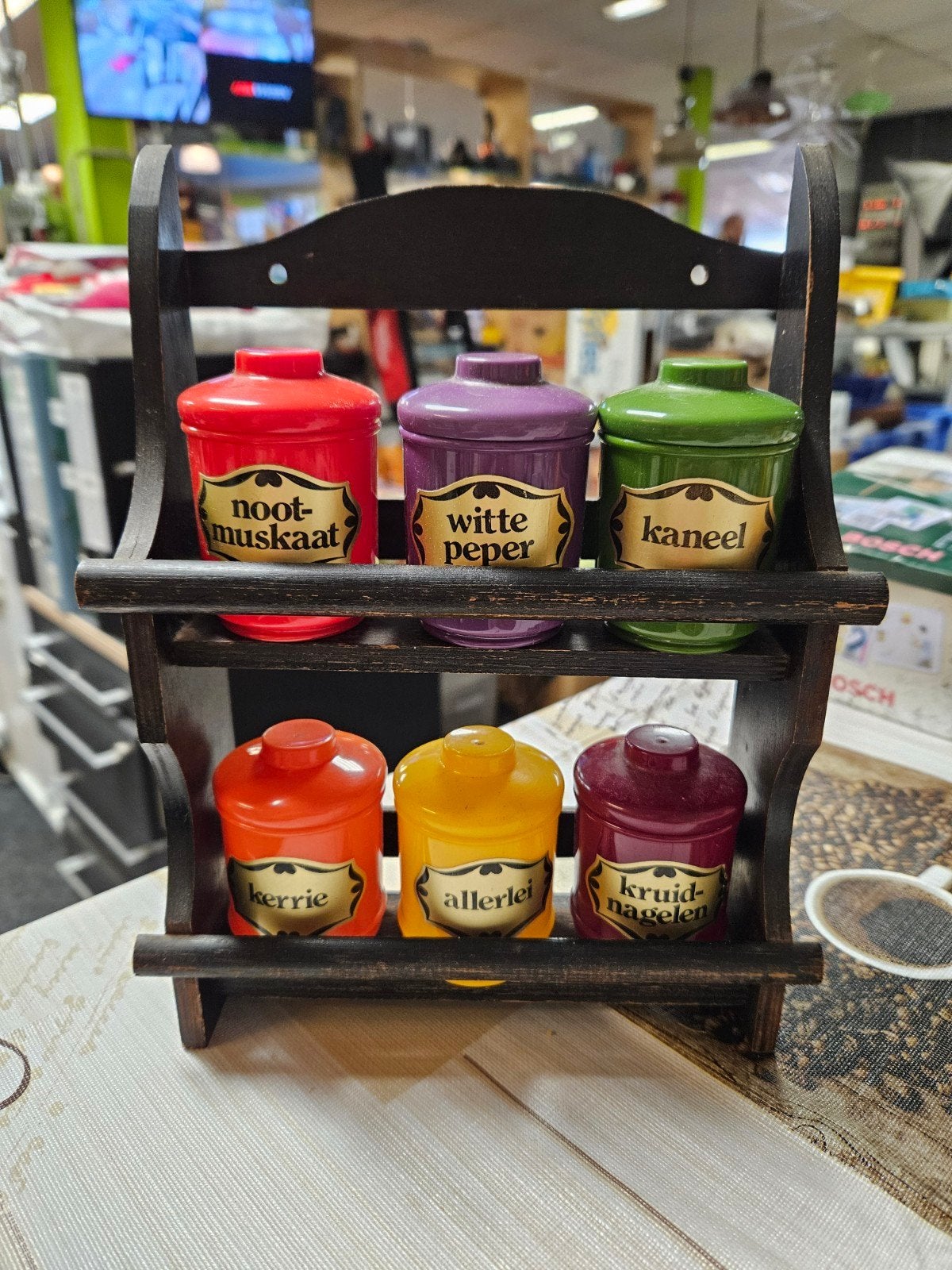Vintage kruidenrek met 6 potjes, Antiek en Kunst, Ophalen