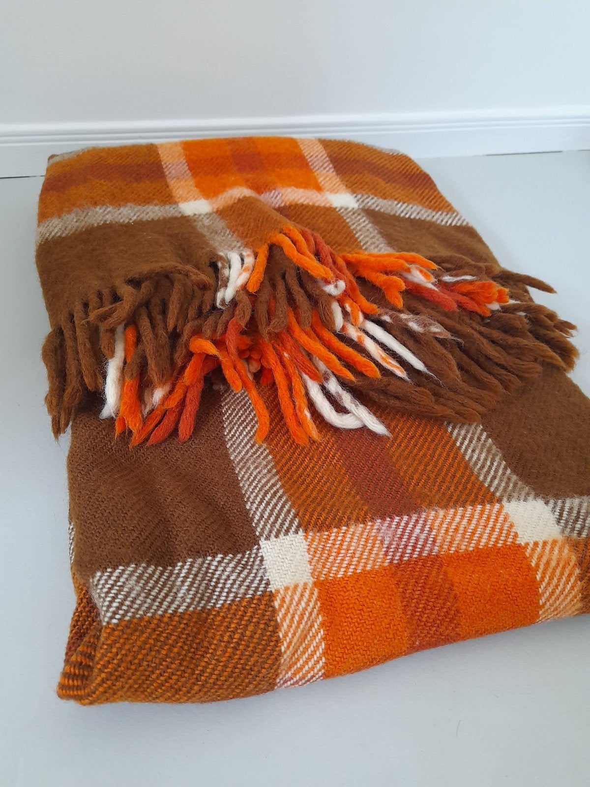 Vintage Leidsche Dekens van Wijk wollen plaid - Oranje/Bruin, Wol, Met franjes/kwastjes, Ophalen of Verzenden, Meerkleurig
