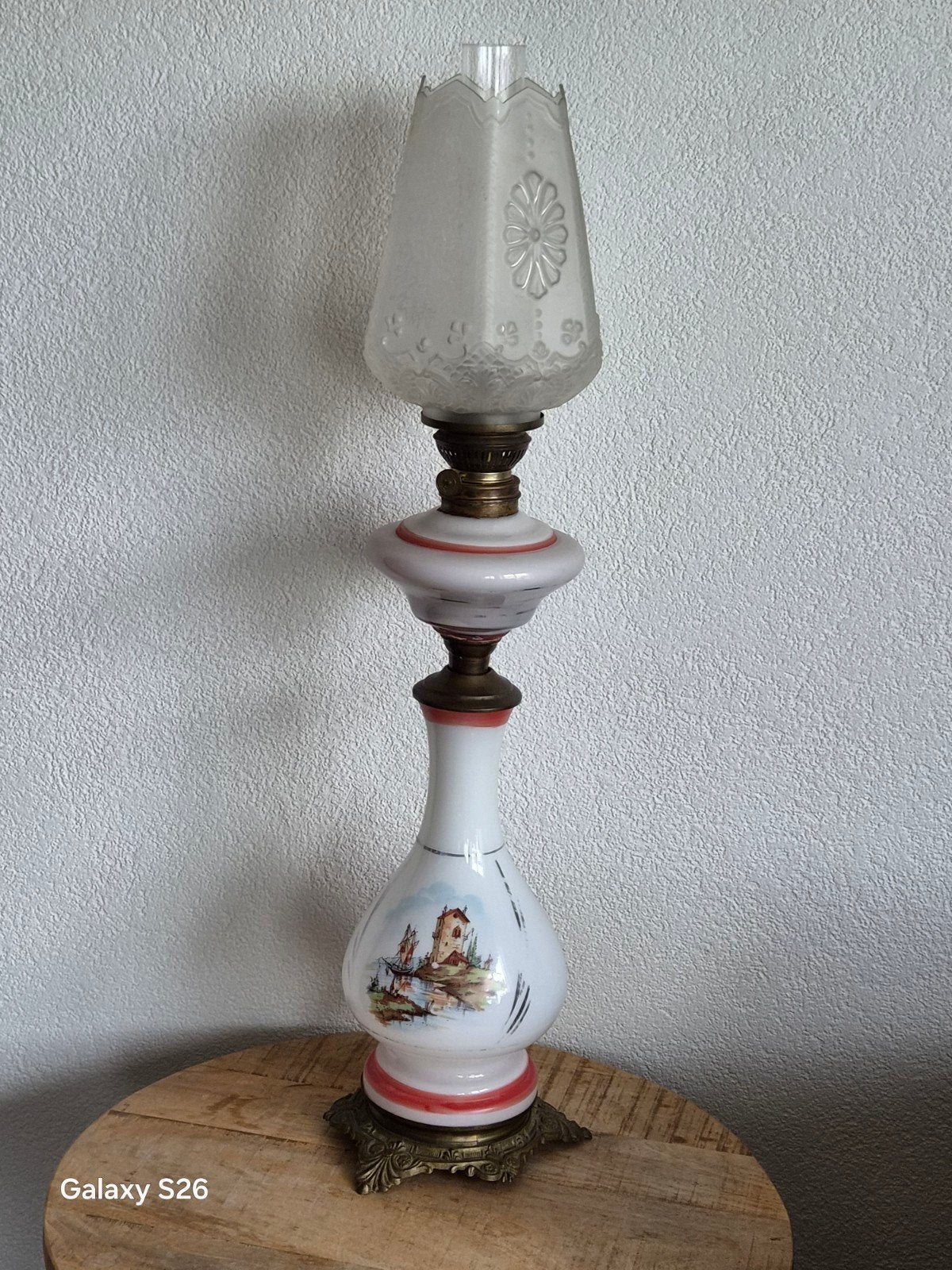 Antieke olielamp met handgeschilderd decor, Antiek en Kunst, Ophalen