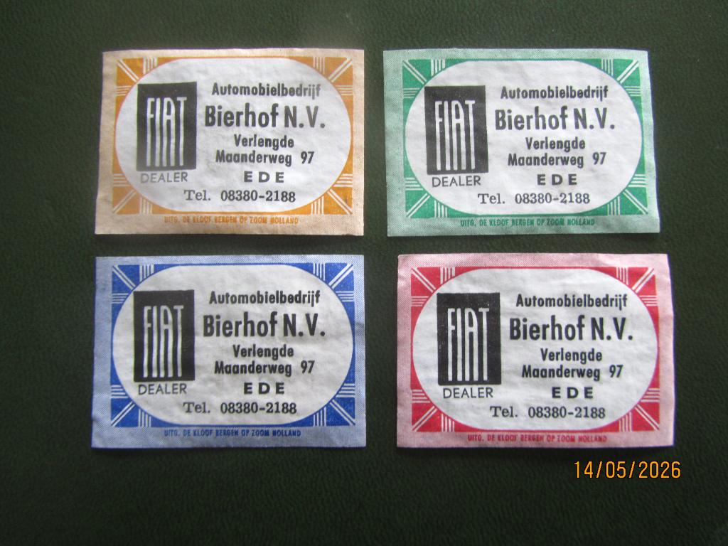 Lucifermerken Fiat dealer Bierhof Ede 4 kleuren, Ophalen of Verzenden, Gebruikt, Luciferdoosjes of -merken
